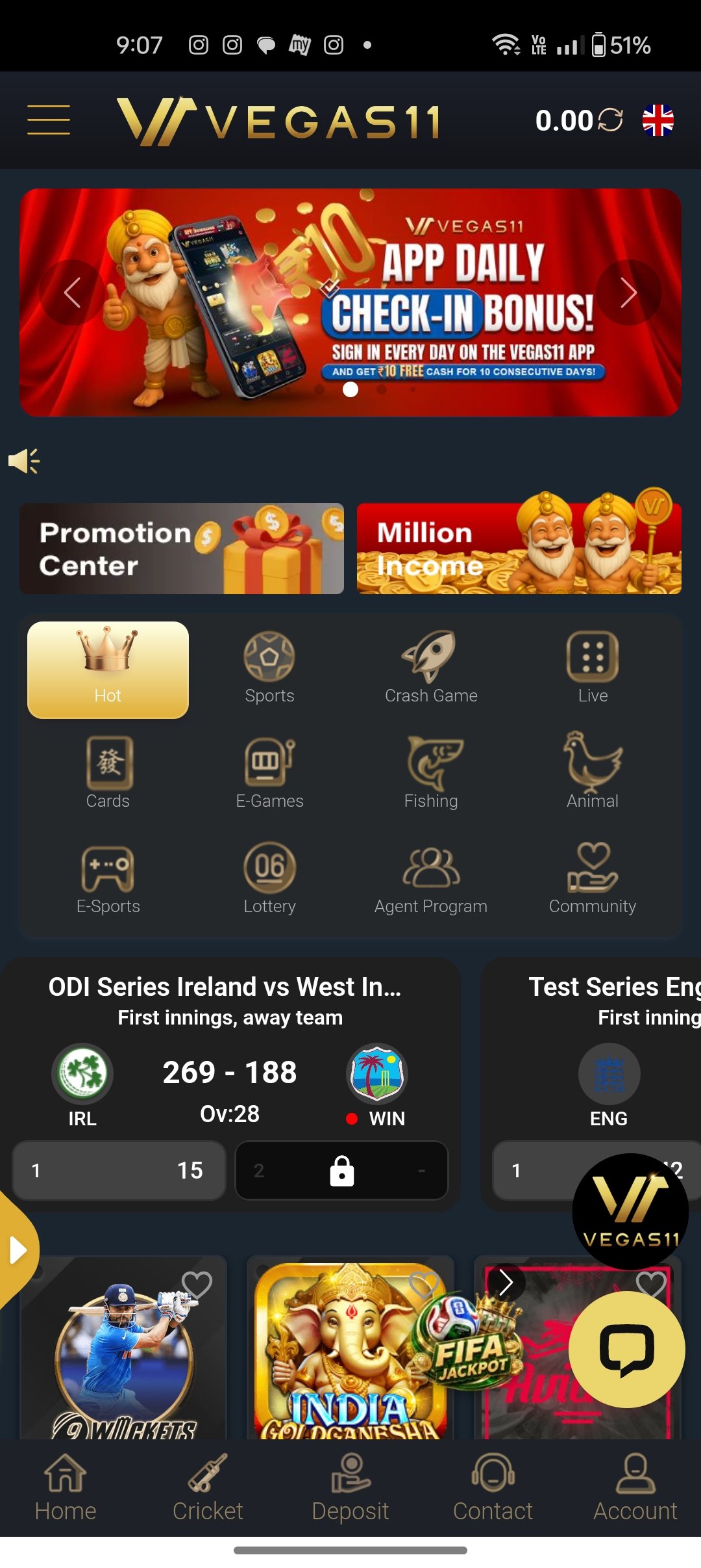 Vegas11 app promotions screen